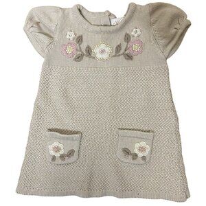 Vintage Polly Flinders Knit Sweater Dress 18M Beige Floral Pockets Heirloom